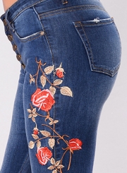 Casual Slim Ripped Embroidered Front Buttons Rolled Jeans