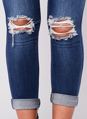 Casual Slim Ripped Embroidered Front Buttons Rolled Jeans