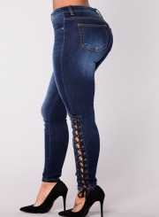 Slim High Waist Lace-up Zipper Fly Denim Pencil Pants With Pockets