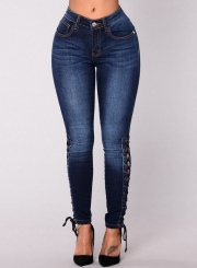 Slim High Waist Lace-up Zipper Fly Denim Pencil Pants With Pockets