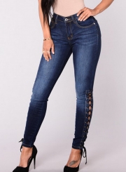 Slim High Waist Lace-up Zipper Fly Denim Pencil Pants With Pockets