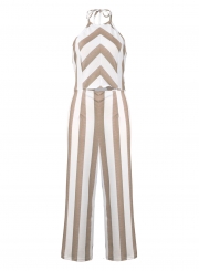 Casual Striped Sleeveless Halter Nackless Straight Wide Leg Jumpsuit