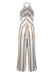Casual Striped Sleeveless Halter Nackless Straight Wide Leg Jumpsuit