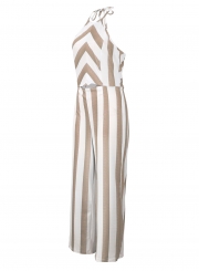 Casual Striped Sleeveless Halter Nackless Straight Wide Leg Jumpsuit