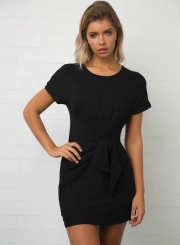 Summer Casual Solid Short Sleeve Round Neck Waist Knot Women Dress