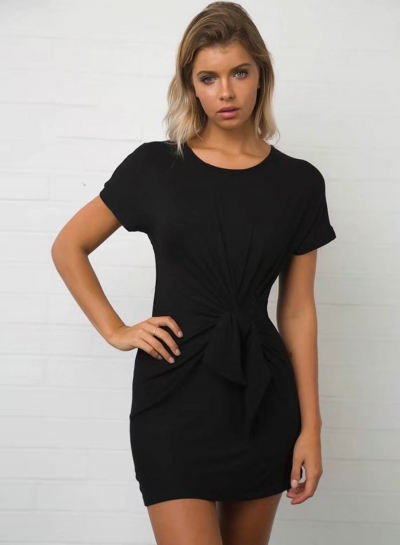 Summer Casual Solid Short Sleeve Round Neck Waist Knot Women Dress LZDINTECOMMERCE.com