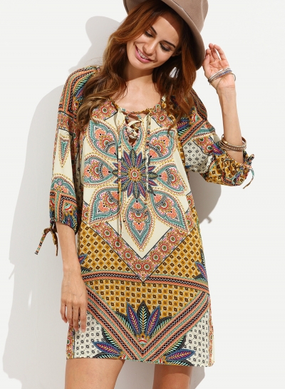 Vintage Loose Lace-Up Half Sleeve Criss Cross Neck Pullover Mini Dress YOUYOUFASHIONEC.com