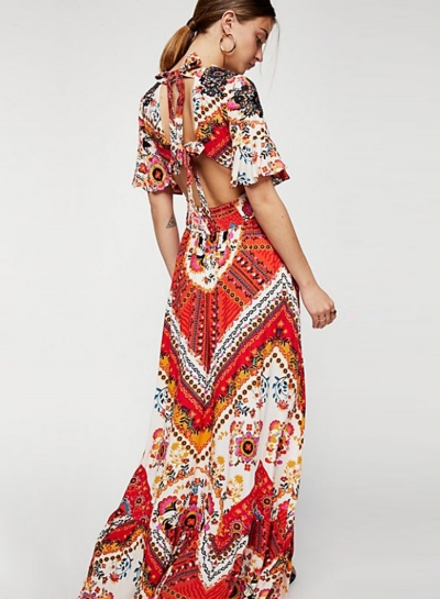 Fashion Floral printed Short Sleeve V Neck Lace-Up Backless Maxi Dress YOUYOUFASHIONEC.com