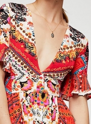 Fashion Floral printed Short Sleeve V Neck Lace-Up Backless Maxi Dress