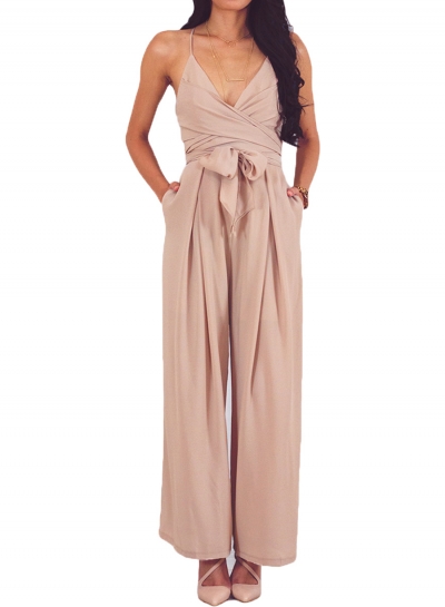 Apricot Wrap and Tie Sexy Open Back Jumpsuit YOUYOUFASHIONEC.com