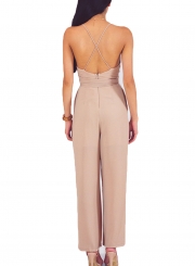 Apricot Wrap and Tie Sexy Open Back Jumpsuit