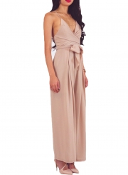 Apricot Wrap and Tie Sexy Open Back Jumpsuit