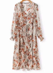 Floral Printed Long Sleeve V Neck Front Buttons Waist Tie Maxi Dress