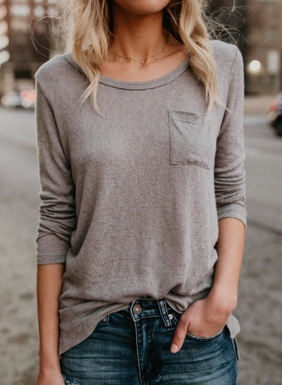 Casual Concise Loose Grey Long Sleeve Round Neck Pullover Tee STYLESIMO.com