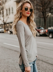 Casual Concise Loose Grey Long Sleeve Round Neck Pullover Tee