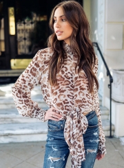 Fashion Leopard Long Sleeve High Neck Front Lace-Up Pullover Blouse