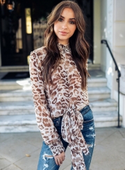 Fashion Leopard Long Sleeve High Neck Front Lace-Up Pullover Blouse