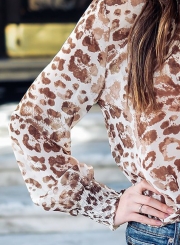 Fashion Leopard Long Sleeve High Neck Front Lace-Up Pullover Blouse