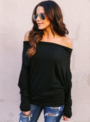 Sexy Solid Slash Neck Off The Shoulder Long Sleeve Pullover Tee