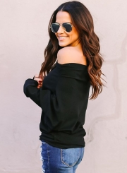 Sexy Solid Slash Neck Off The Shoulder Long Sleeve Pullover Tee