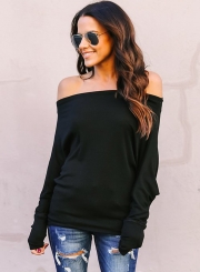Sexy Solid Slash Neck Off The Shoulder Long Sleeve Pullover Tee