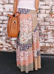 Fashion Boho Chiffon Floral Printed Elastic Waist Long Skirt