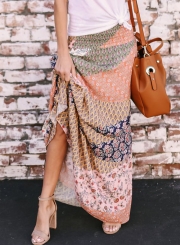 Fashion Boho Chiffon Floral Printed Elastic Waist Long Skirt