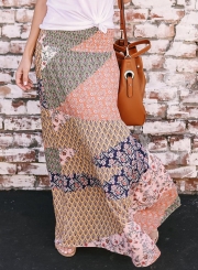 Fashion Boho Chiffon Floral Printed Elastic Waist Long Skirt