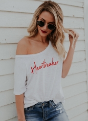 Casual Loose One Shoulder Half Sleeve Pullover Tee With Letters