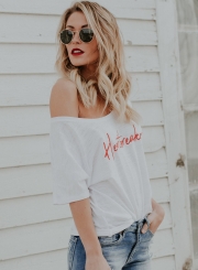 Casual Loose One Shoulder Half Sleeve Pullover Tee With Letters