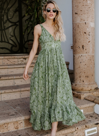 Leaf Printed Sleeveless Backless V Neck High Waist Swing Maxi Dress YOUYOUFASHIONEC.com