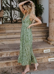 Leaf Printed Sleeveless Backless V Neck High Waist Swing Maxi Dress