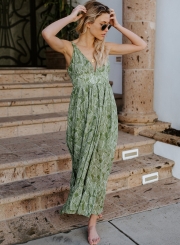 Leaf Printed Sleeveless Backless V Neck High Waist Swing Maxi Dress