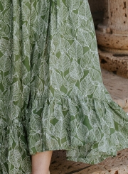 Leaf Printed Sleeveless Backless V Neck High Waist Swing Maxi Dress
