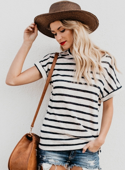 Casual Loose Striped Short Sleeve Round Neck Pullover Tee Shirt LEXELFASHIONINTSHOPS.com