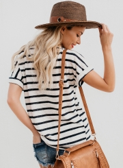 Casual Loose Striped Short Sleeve Round Neck Pullover Tee Shirt