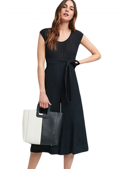 Black Calf Length Wide Leg Jumpsuit with Sash YOUYOUFASHIONEC.com