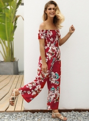 Fashion Floral Off The Shoulder Short Sleeve High Waist Wide Leg Jumpsuit