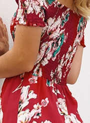 Fashion Floral Off The Shoulder Short Sleeve High Waist Wide Leg Jumpsuit