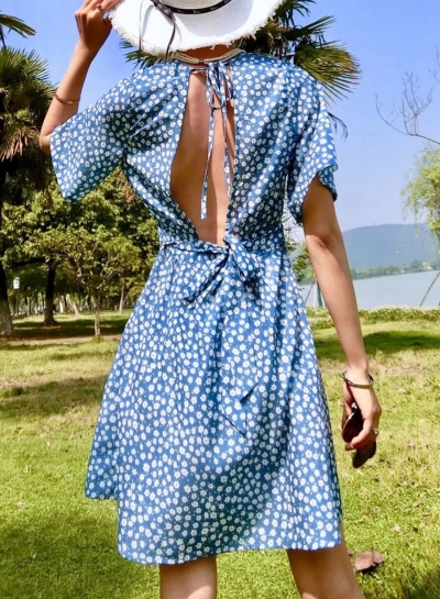 Casual Backless Floral Short Sleeve V Neck High Waist Lace-Up Dress LEXELFASHIONINTSHOPS.com