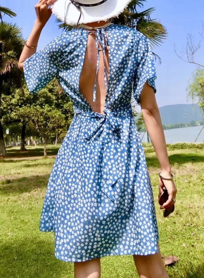 Casual Backless Floral Short Sleeve V Neck High Waist Lace-Up Dress STYLESIMO.com