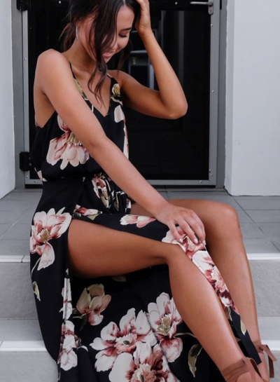 Irregular Floral Strappy V Neck High Waist Lace-Up Straight Jumpsuit LEXELFASHIONINTSHOPS.com