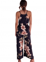 Irregular Floral Strappy V Neck High Waist Lace-Up Straight Jumpsuit