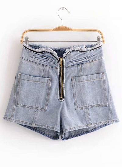 Casual Solid High Waist Zipper Fly Wide leg Denim Shorts With Pockets LEXELFASHIONINTSHOPS.com