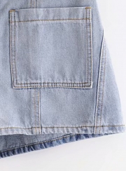 Casual Solid High Waist Zipper Fly Wide leg Denim Shorts With Pockets