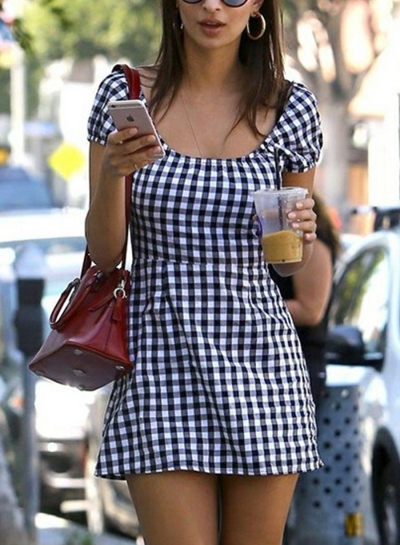 Summer Casual Slim Plaid Short Sleeve Round Neck Pullover Dress YOUYOUFASHIONEC.com