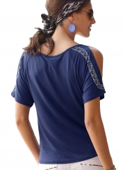 Summer Casual Loose Blue Cold Shoulder Printed Round Neck Tee