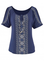 Summer Casual Loose Blue Cold Shoulder Printed Round Neck Tee