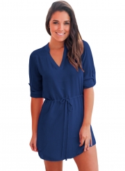 Summer Chiffon Roll-tab Sleeve Waist Tie V Neck Shirt Dress