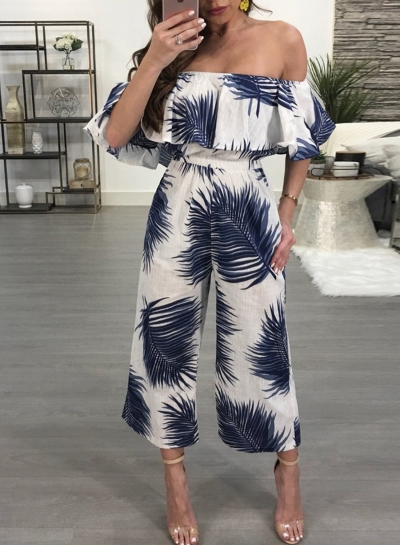 Summer Sexy Leaf Printed Ruffle Slash Neck High Waist Wide Leg Jumpsuit YOUYOUFASHIONEC.com